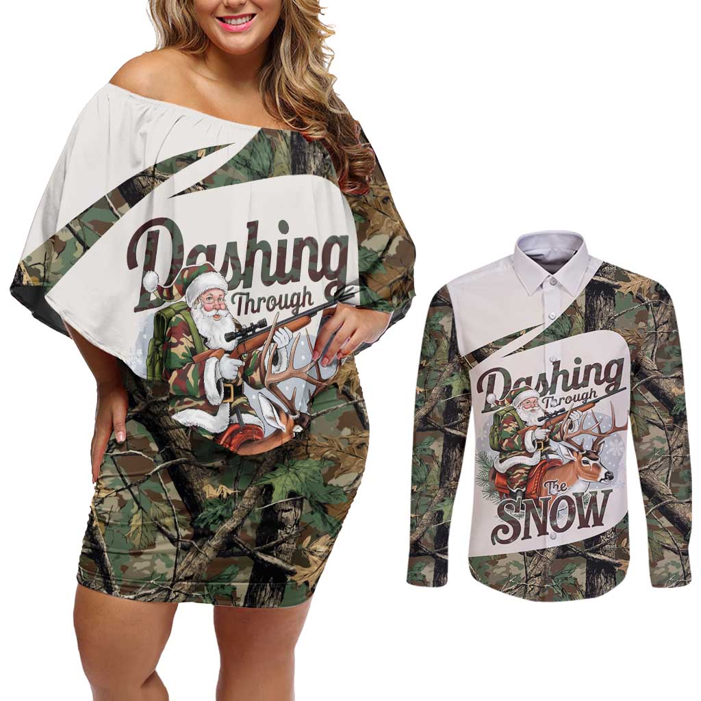 Santa Deer Hunting Christmas Couples Matching Off Shoulder Short Dress and Long Sleeve Button Shirt Hunting Camouflage Patterns - Wonder Print Shop