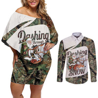 Santa Deer Hunting Christmas Couples Matching Off Shoulder Short Dress and Long Sleeve Button Shirt Hunting Camouflage Patterns - Wonder Print Shop