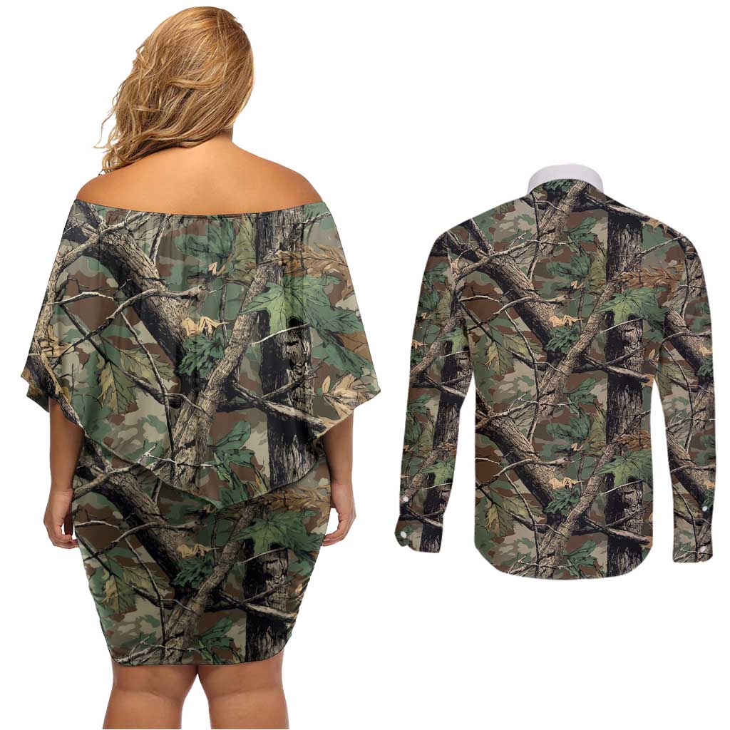 Santa Deer Hunting Christmas Couples Matching Off Shoulder Short Dress and Long Sleeve Button Shirt Hunting Camouflage Patterns - Wonder Print Shop