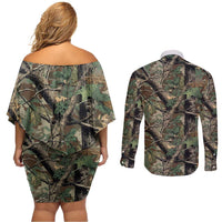 Santa Deer Hunting Christmas Couples Matching Off Shoulder Short Dress and Long Sleeve Button Shirt Hunting Camouflage Patterns - Wonder Print Shop
