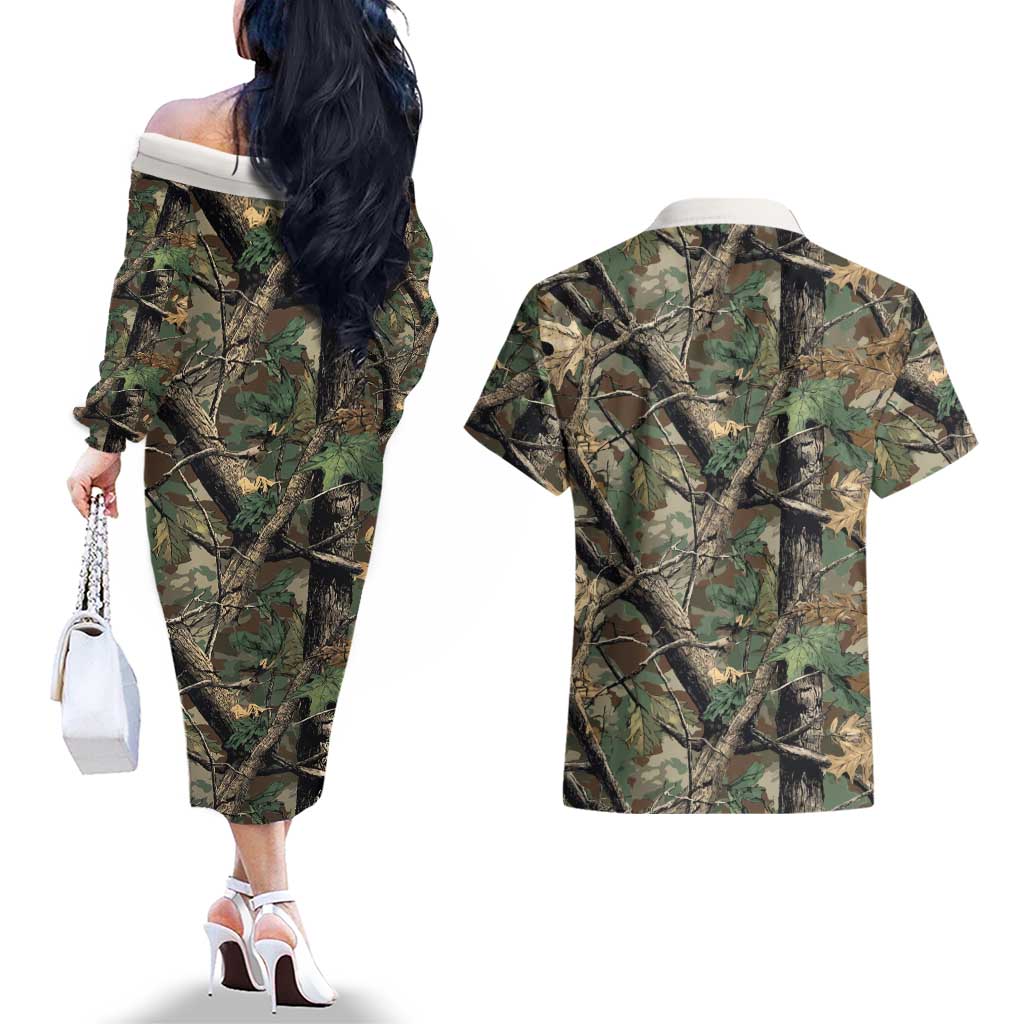 Santa Deer Hunting Christmas Couples Matching Off The Shoulder Long Sleeve Dress and Hawaiian Shirt Hunting Camouflage Patterns - Wonder Print Shop
