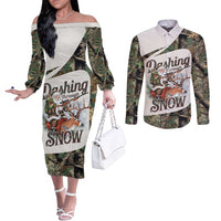 Santa Deer Hunting Christmas Couples Matching Off The Shoulder Long Sleeve Dress and Long Sleeve Button Shirt Hunting Camouflage Patterns - Wonder Print Shop