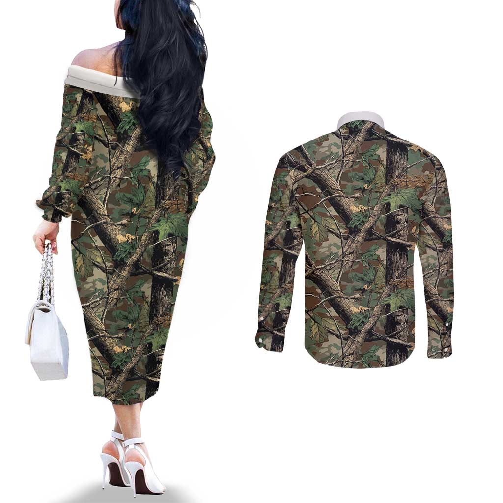 Santa Deer Hunting Christmas Couples Matching Off The Shoulder Long Sleeve Dress and Long Sleeve Button Shirt Hunting Camouflage Patterns - Wonder Print Shop