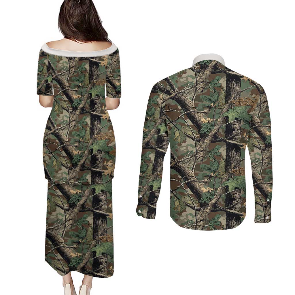 Santa Deer Hunting Christmas Couples Matching Puletasi and Long Sleeve Button Shirt Hunting Camouflage Patterns - Wonder Print Shop