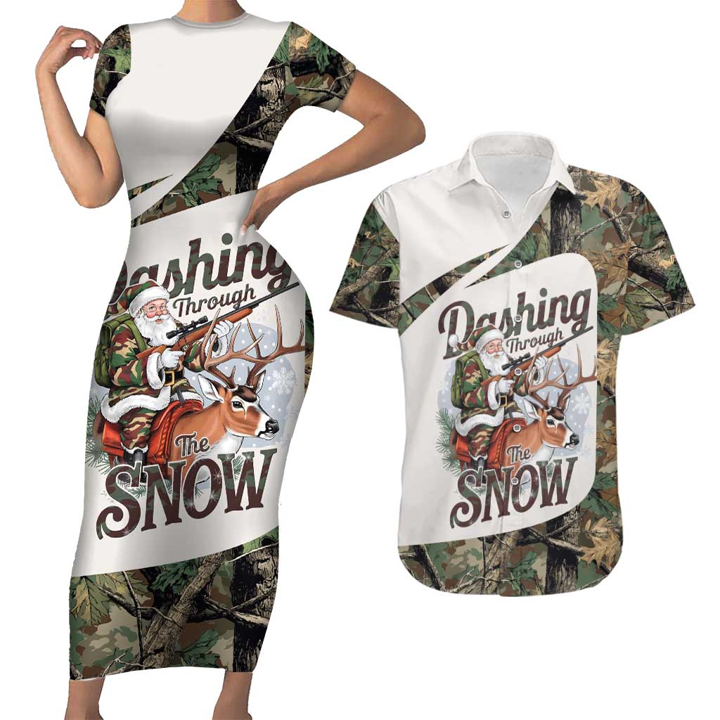 Santa Deer Hunting Christmas Couples Matching Short Sleeve Bodycon Dress and Hawaiian Shirt Hunting Camouflage Patterns - Wonder Print Shop