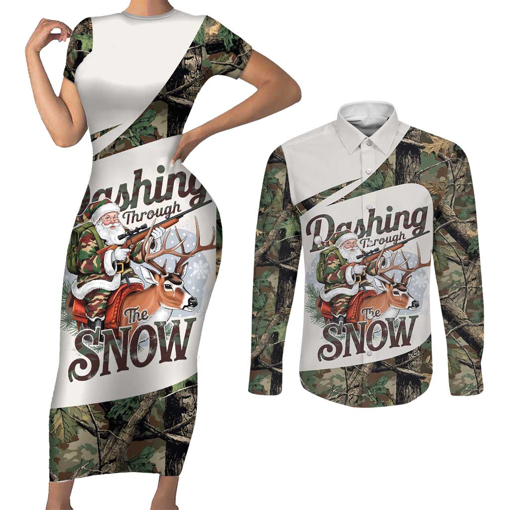 Santa Deer Hunting Christmas Couples Matching Short Sleeve Bodycon Dress and Long Sleeve Button Shirt Hunting Camouflage Patterns - Wonder Print Shop