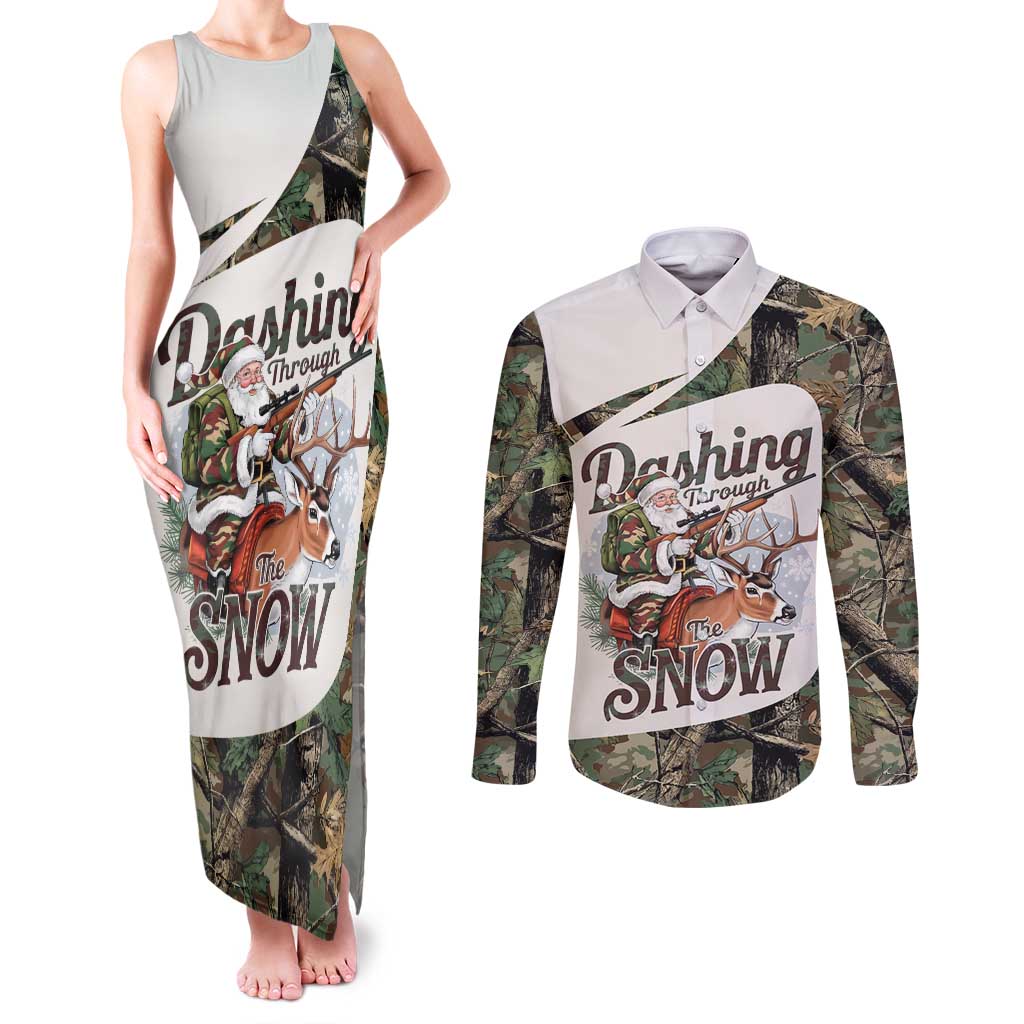 Santa Deer Hunting Christmas Couples Matching Tank Maxi Dress and Long Sleeve Button Shirt Hunting Camouflage Patterns - Wonder Print Shop