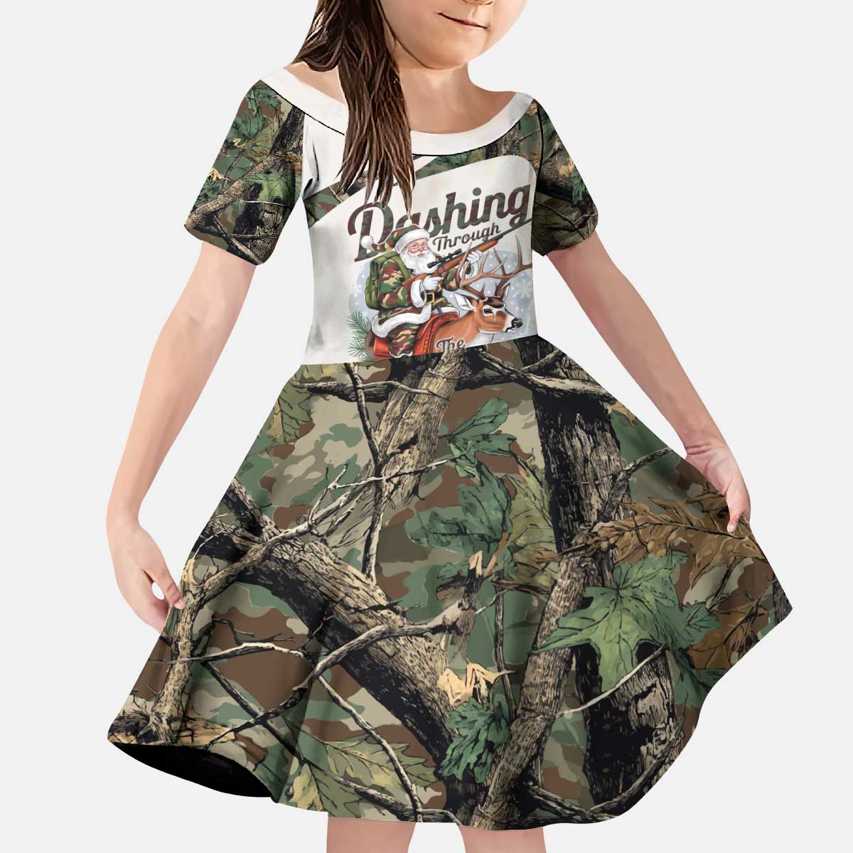 Santa Deer Hunting Christmas Kid Short Sleeve Dress Hunting Camouflage Patterns - Wonder Print Shop