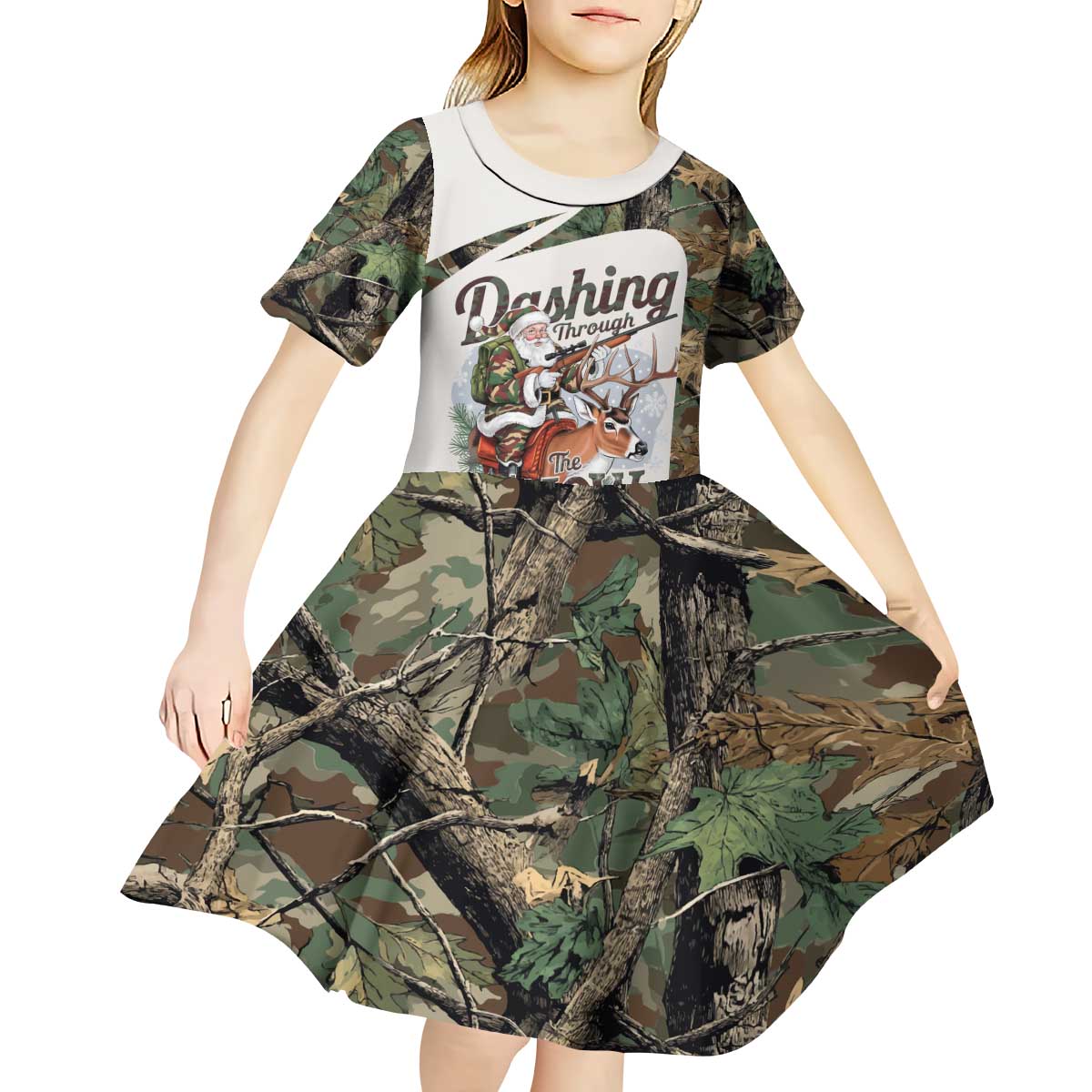 Santa Deer Hunting Christmas Kid Short Sleeve Dress Hunting Camouflage Patterns - Wonder Print Shop