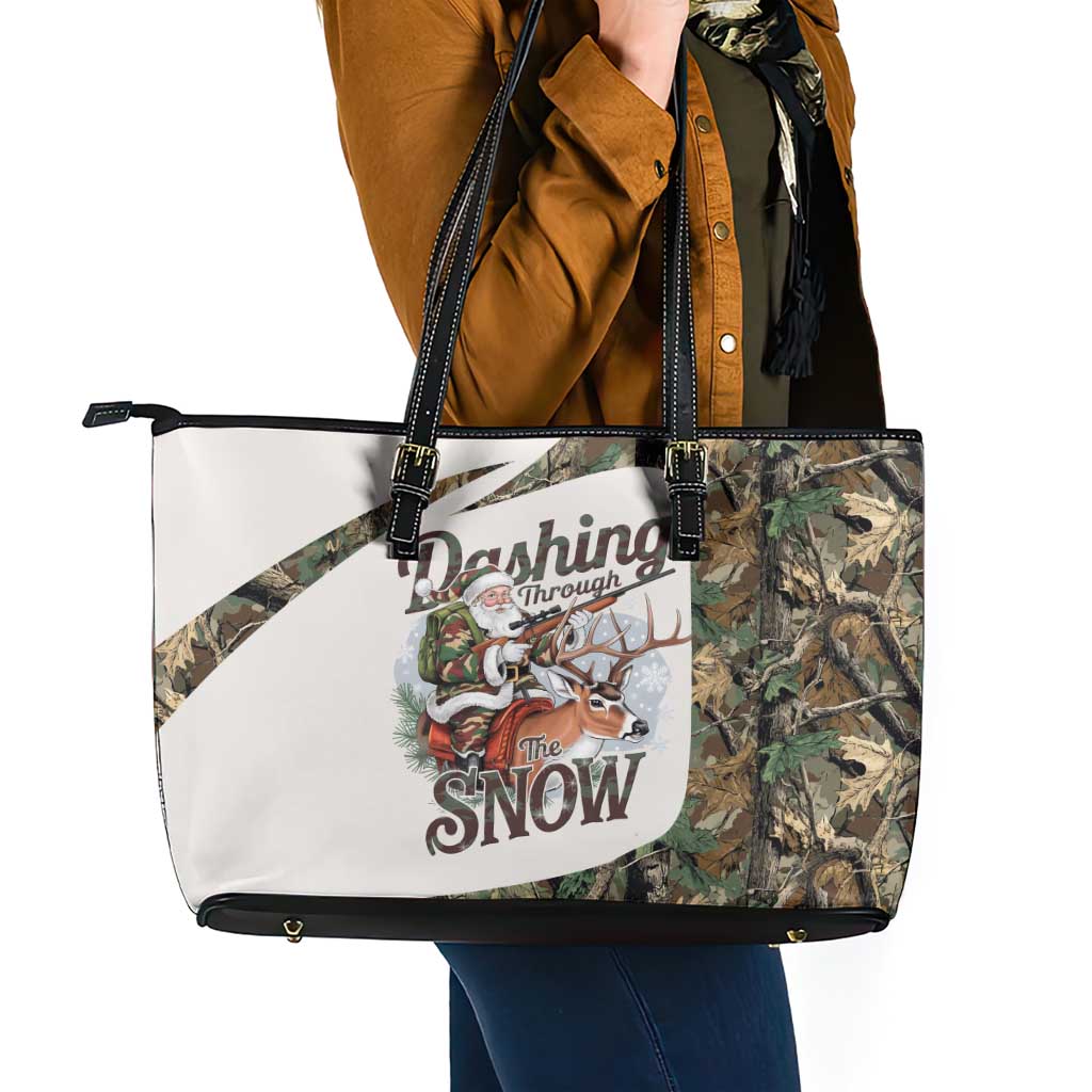 Santa Deer Hunting Christmas Leather Tote Bag Hunting Camouflage Patterns - Wonder Print Shop