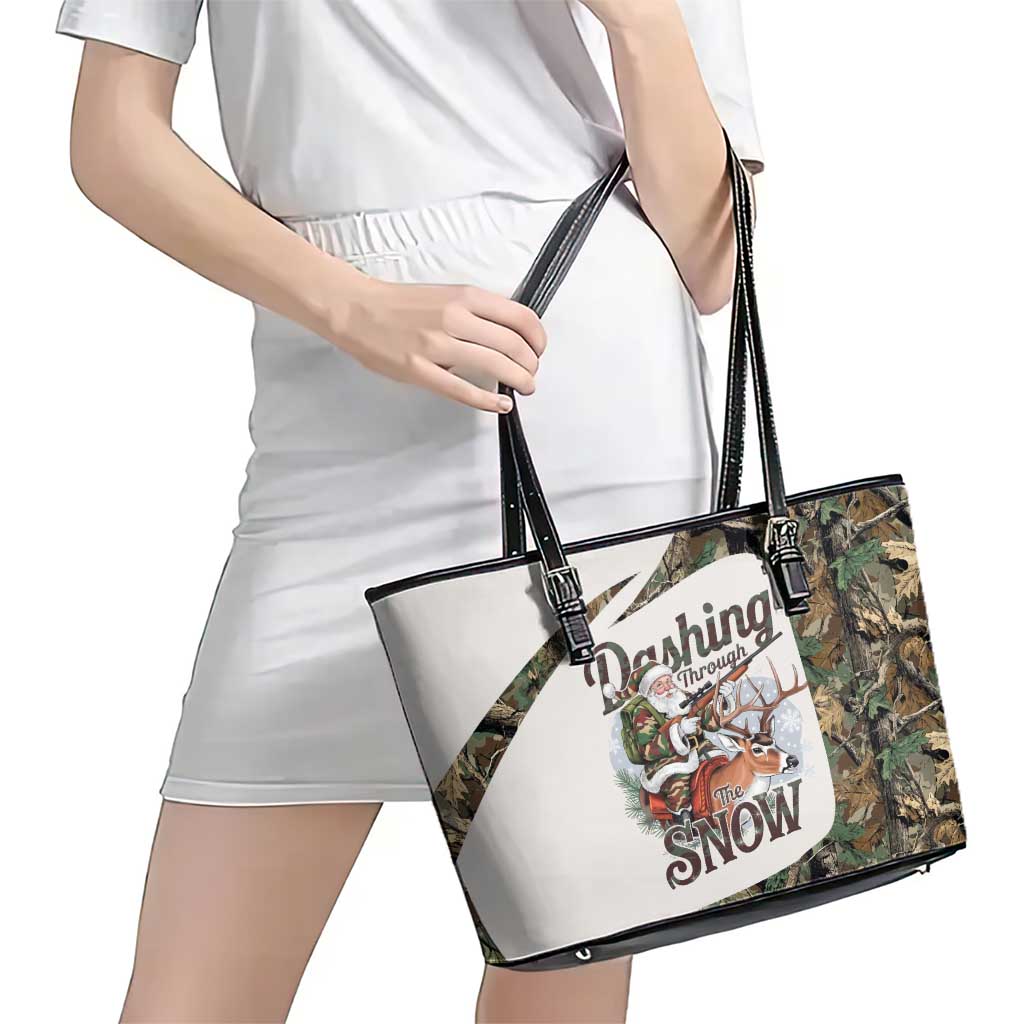 Santa Deer Hunting Christmas Leather Tote Bag Hunting Camouflage Patterns - Wonder Print Shop