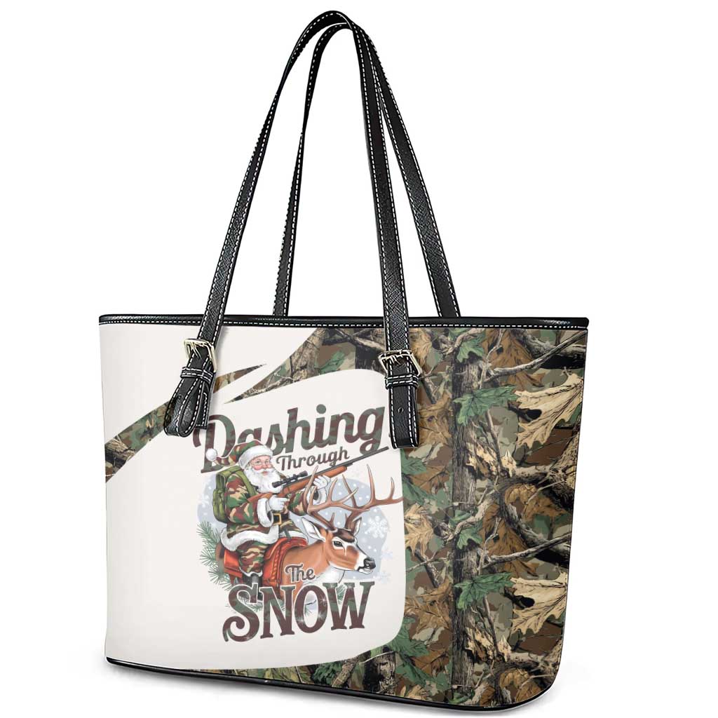 Santa Deer Hunting Christmas Leather Tote Bag Hunting Camouflage Patterns - Wonder Print Shop
