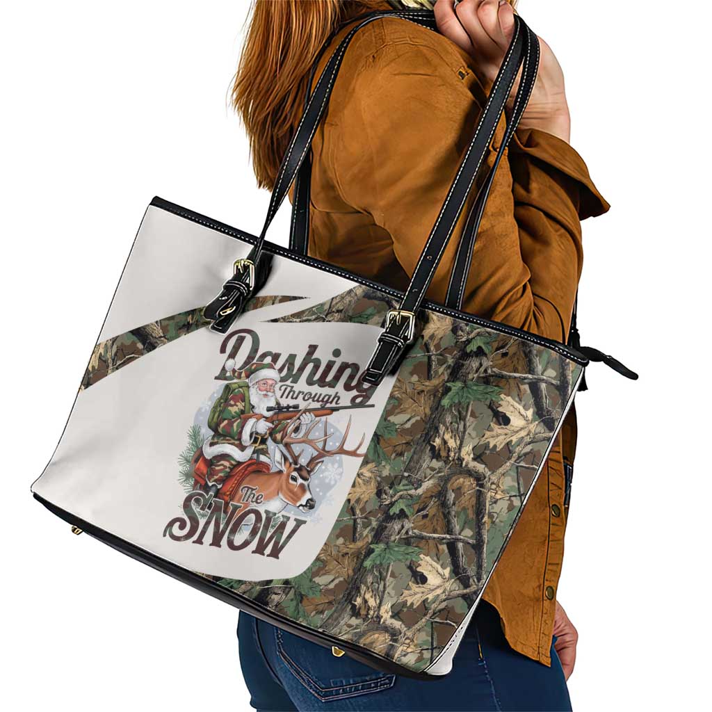 Santa Deer Hunting Christmas Leather Tote Bag Hunting Camouflage Patterns - Wonder Print Shop
