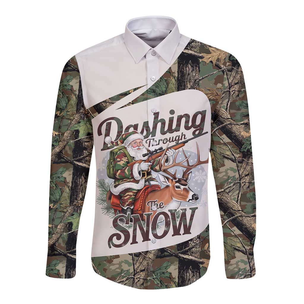 Santa Deer Hunting Christmas Long Sleeve Button Shirt Hunting Camouflage Patterns - Wonder Print Shop