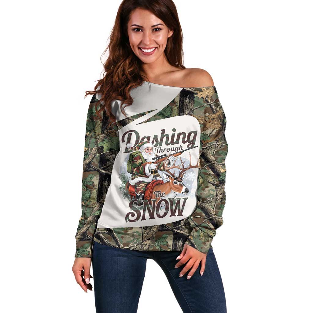 Santa Deer Hunting Christmas Off Shoulder Sweater Hunting Camouflage Patterns - Wonder Print Shop