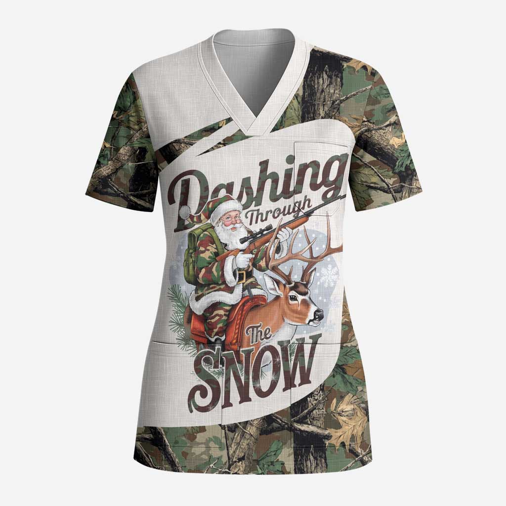 Santa Deer Hunting Christmas Scrub Top Hunting Camouflage Patterns - Wonder Print Shop