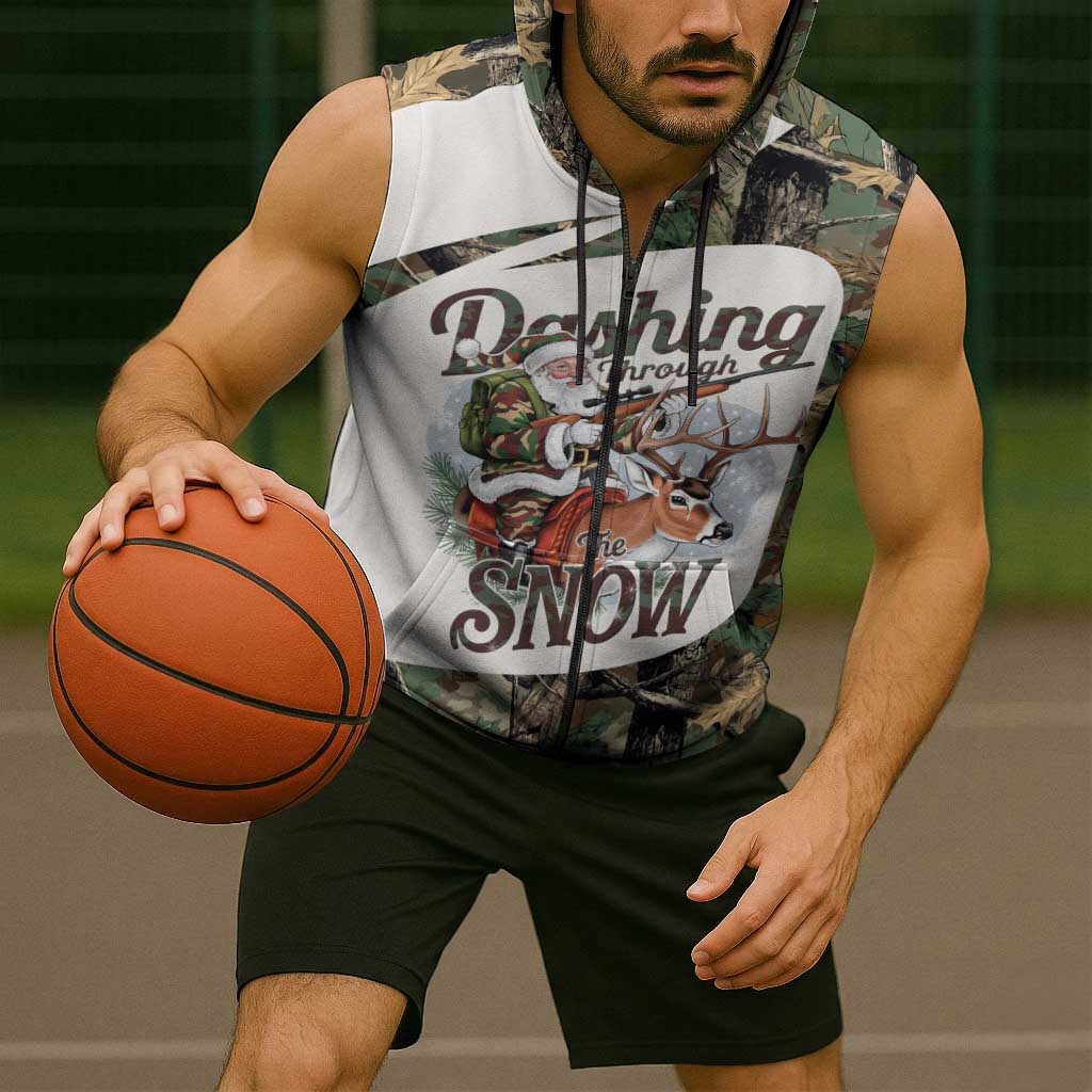 Santa Deer Hunting Christmas Sleeveless Zip Hoodie Hunting Camouflage Patterns - Wonder Print Shop