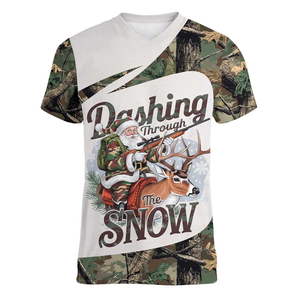 Santa Deer Hunting Christmas Women V-Neck T-Shirt Hunting Camouflage Patterns - Wonder Print Shop