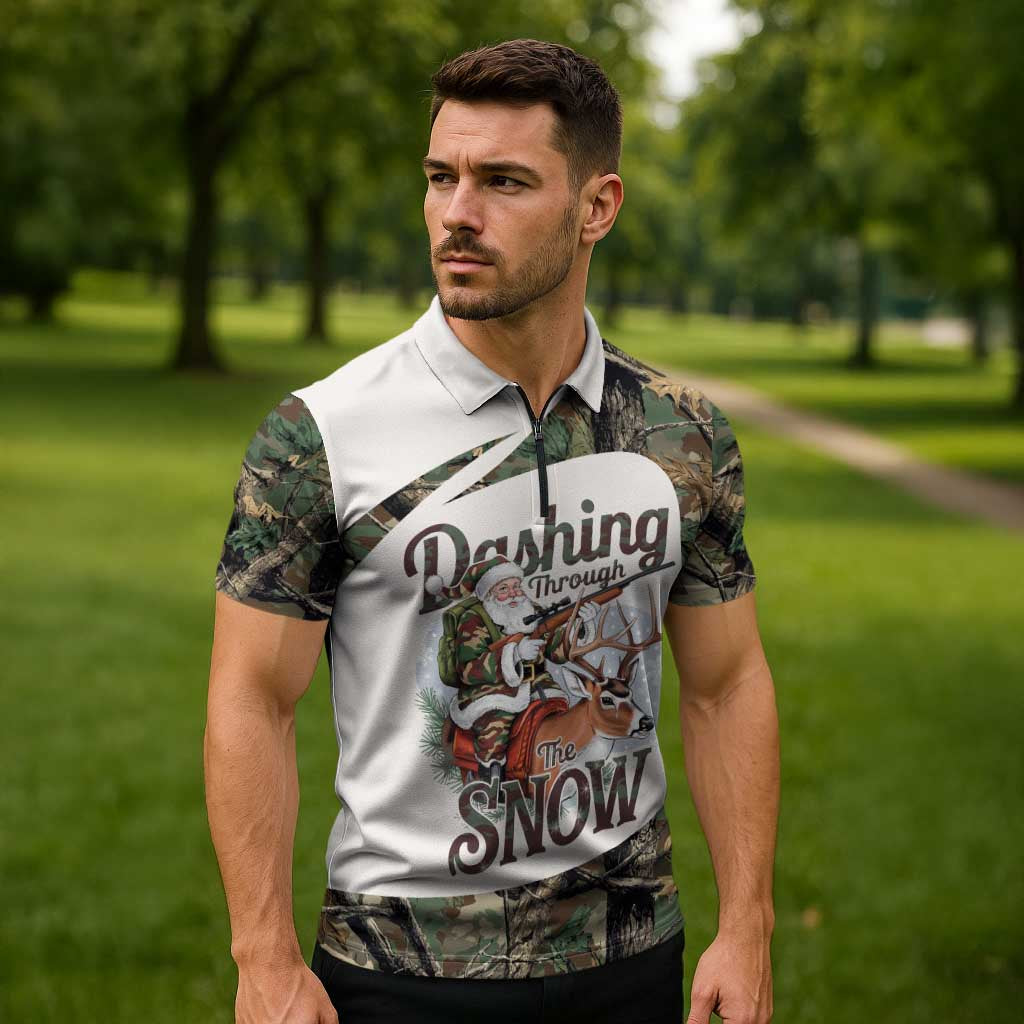 Santa Deer Hunting Christmas Zipper Polo Shirt Hunting Camouflage Patterns - Wonder Print Shop