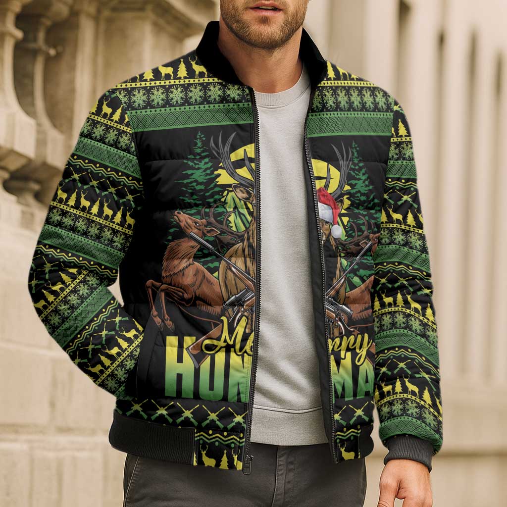 Merry Hunmas Bomber Puffer Jacket Hunter Deer Santa Hat - Wonder Print Shop