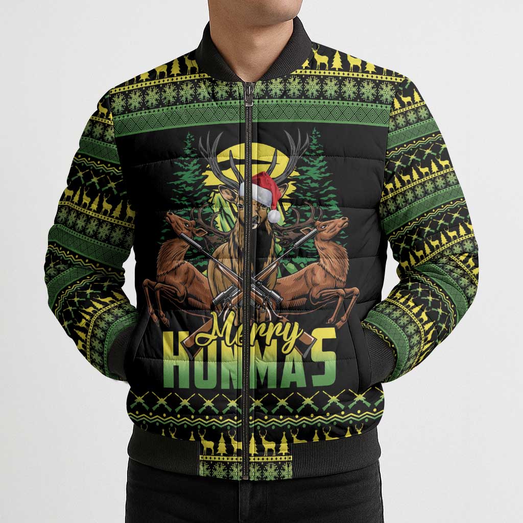 Merry Hunmas Bomber Puffer Jacket Hunter Deer Santa Hat - Wonder Print Shop