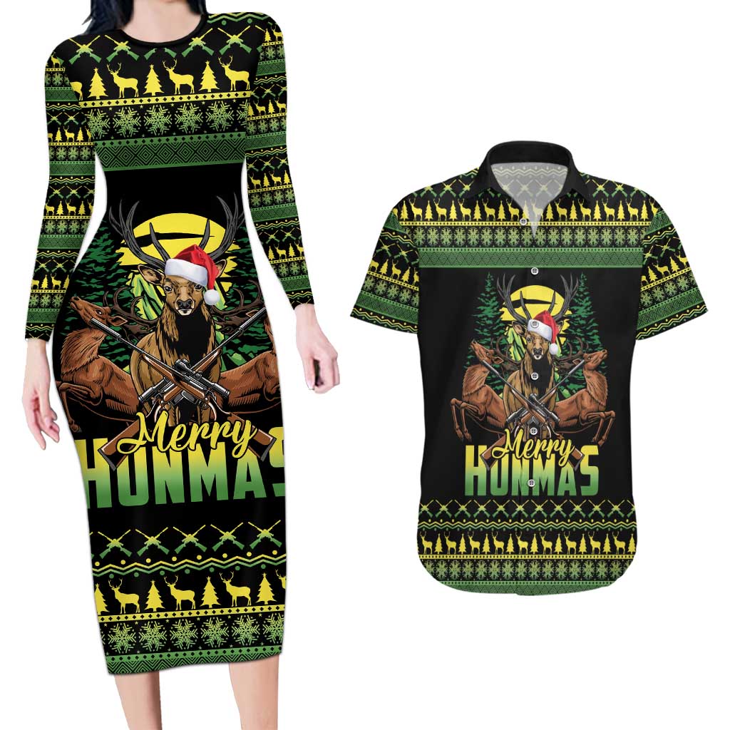 Merry Hunmas Couples Matching Long Sleeve Bodycon Dress and Hawaiian Shirt Hunter Deer Santa Hat - Wonder Print Shop