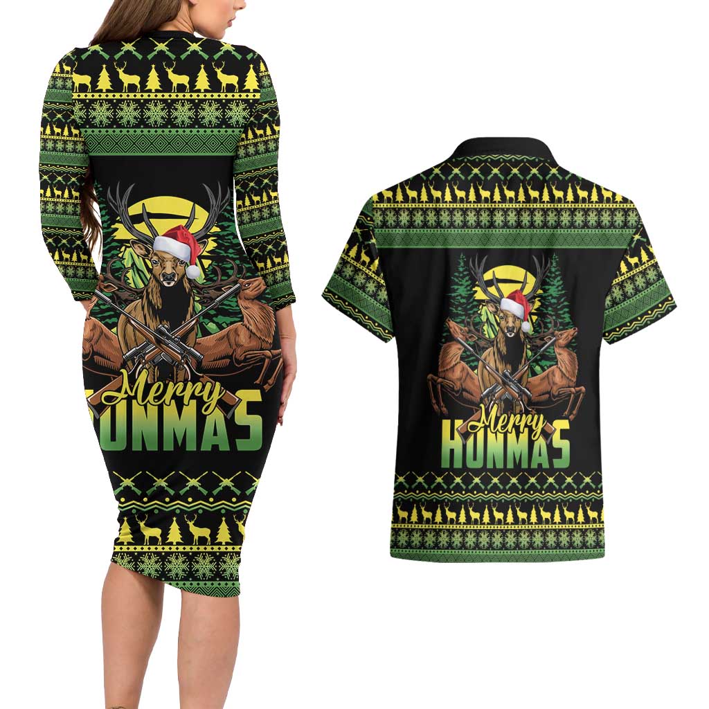 Merry Hunmas Couples Matching Long Sleeve Bodycon Dress and Hawaiian Shirt Hunter Deer Santa Hat - Wonder Print Shop