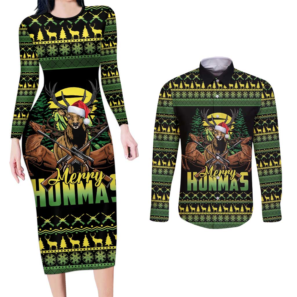 Merry Hunmas Couples Matching Long Sleeve Bodycon Dress and Long Sleeve Button Shirt Hunter Deer Santa Hat - Wonder Print Shop