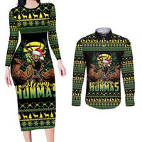 Merry Hunmas Couples Matching Long Sleeve Bodycon Dress and Long Sleeve Button Shirt Hunter Deer Santa Hat - Wonder Print Shop