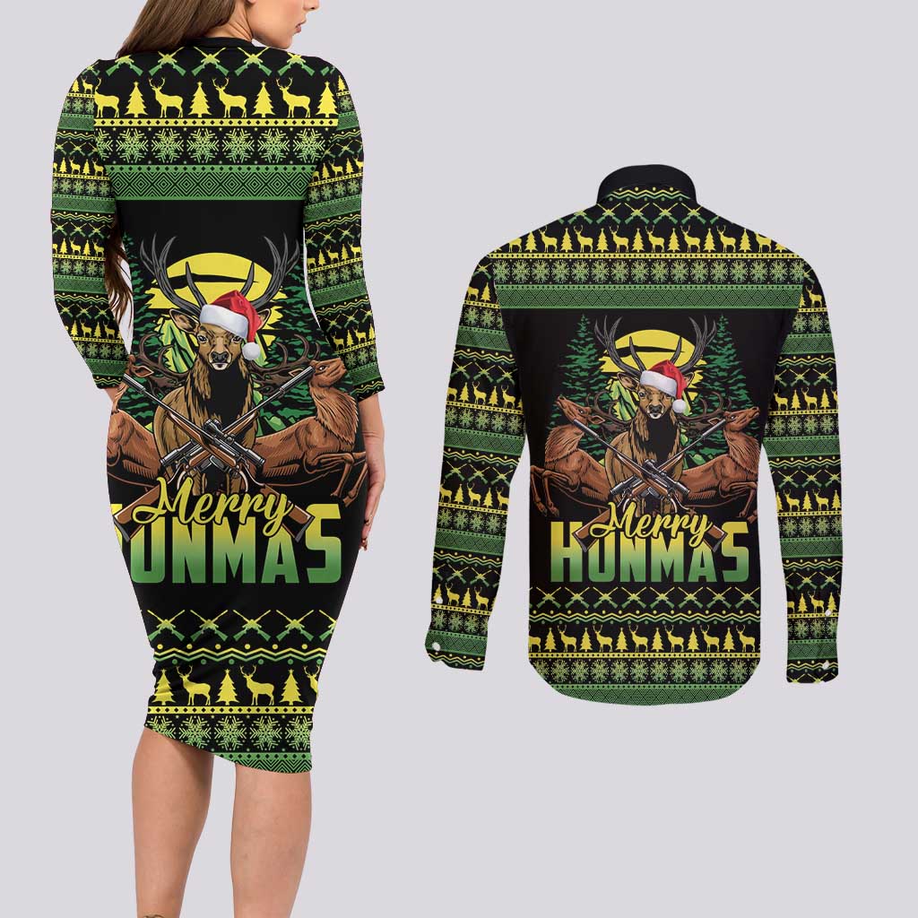 Merry Hunmas Couples Matching Long Sleeve Bodycon Dress and Long Sleeve Button Shirt Hunter Deer Santa Hat - Wonder Print Shop