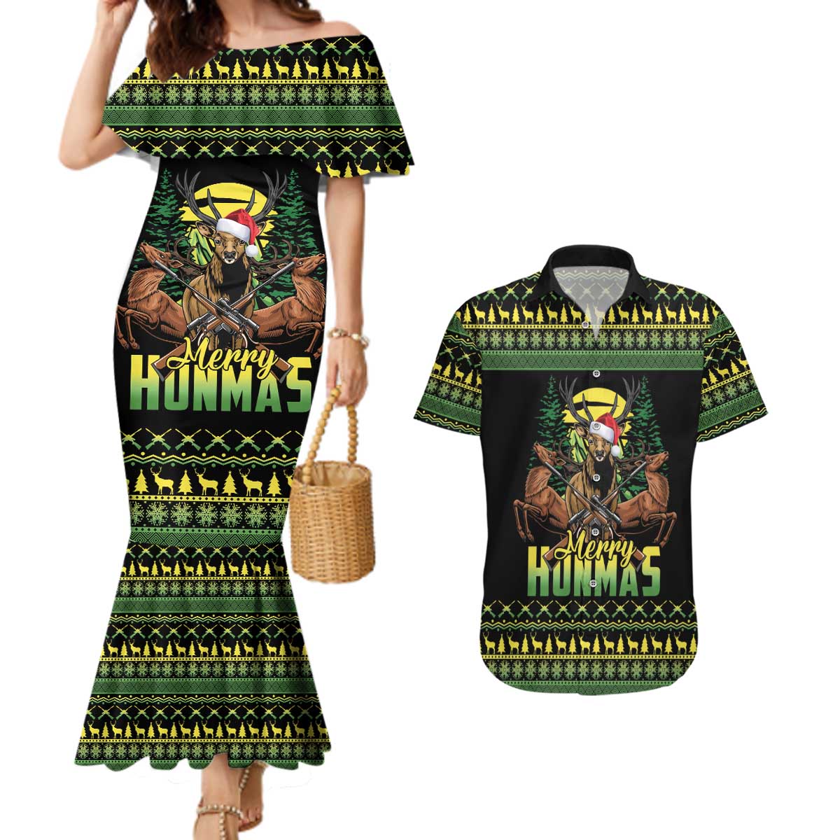 Merry Hunmas Couples Matching Mermaid Dress and Hawaiian Shirt Hunter Deer Santa Hat - Wonder Print Shop