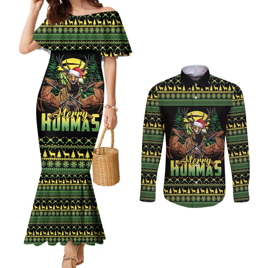 Merry Hunmas Couples Matching Mermaid Dress and Long Sleeve Button Shirt Hunter Deer Santa Hat - Wonder Print Shop