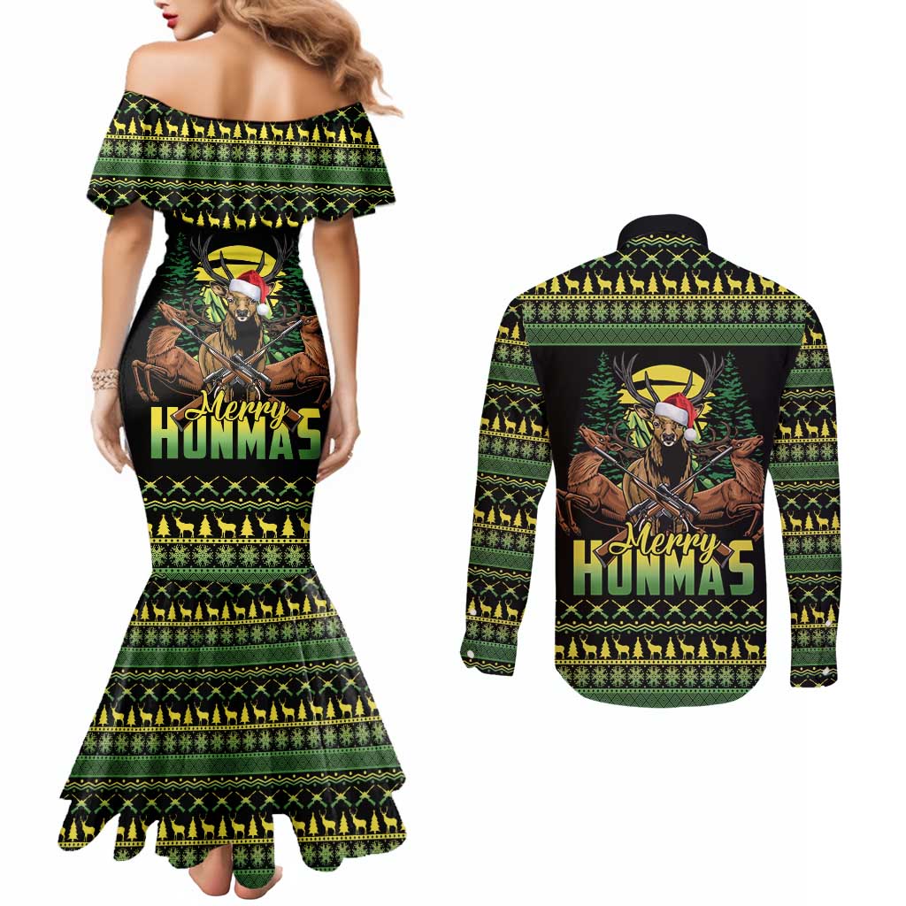 Merry Hunmas Couples Matching Mermaid Dress and Long Sleeve Button Shirt Hunter Deer Santa Hat - Wonder Print Shop