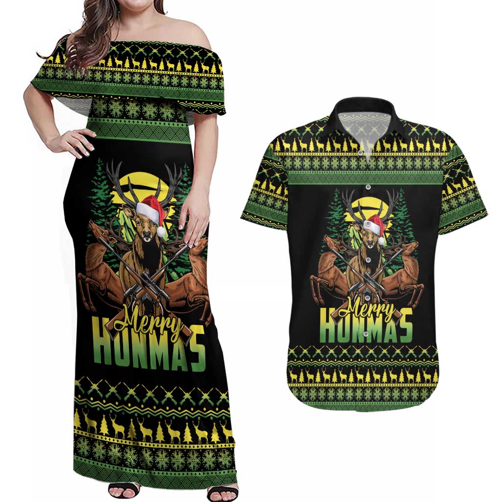 Merry Hunmas Couples Matching Off Shoulder Maxi Dress and Hawaiian Shirt Hunter Deer Santa Hat - Wonder Print Shop
