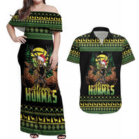 Merry Hunmas Couples Matching Off Shoulder Maxi Dress and Hawaiian Shirt Hunter Deer Santa Hat - Wonder Print Shop