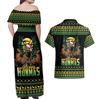 Merry Hunmas Couples Matching Off Shoulder Maxi Dress and Hawaiian Shirt Hunter Deer Santa Hat - Wonder Print Shop