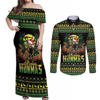 Merry Hunmas Couples Matching Off Shoulder Maxi Dress and Long Sleeve Button Shirt Hunter Deer Santa Hat - Wonder Print Shop