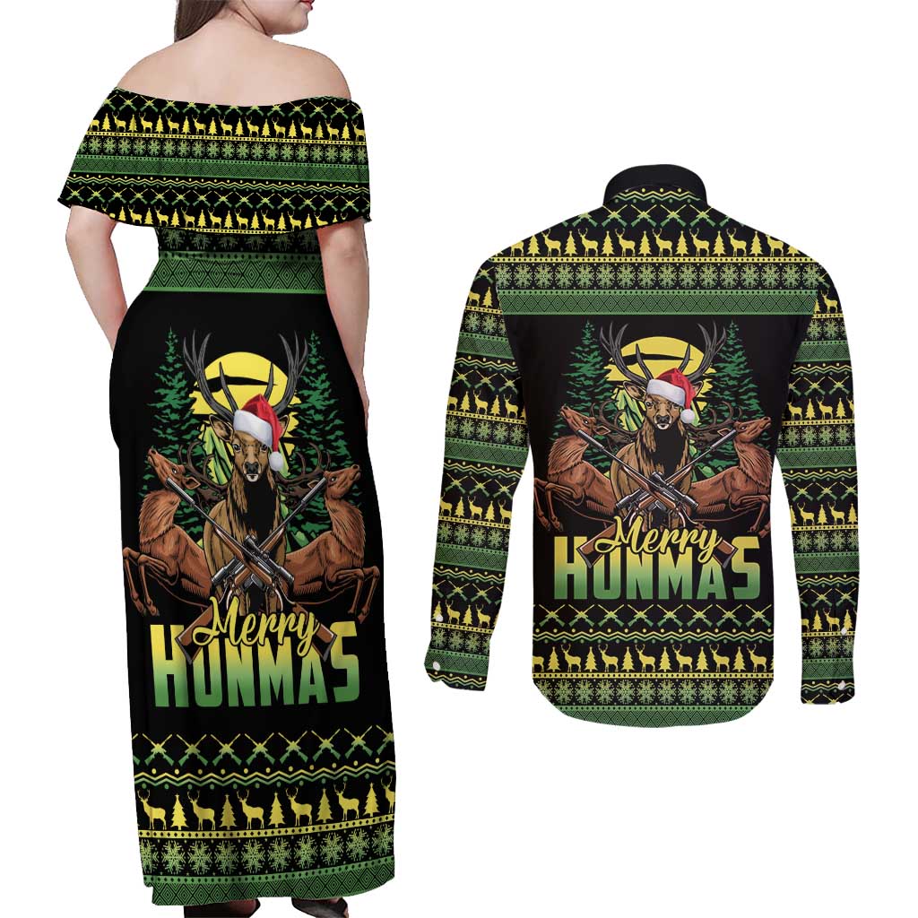 Merry Hunmas Couples Matching Off Shoulder Maxi Dress and Long Sleeve Button Shirt Hunter Deer Santa Hat - Wonder Print Shop