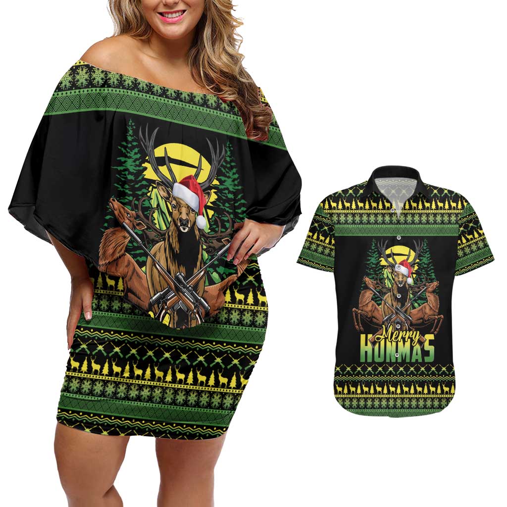 Merry Hunmas Couples Matching Off Shoulder Short Dress and Hawaiian Shirt Hunter Deer Santa Hat - Wonder Print Shop