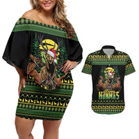 Merry Hunmas Couples Matching Off Shoulder Short Dress and Hawaiian Shirt Hunter Deer Santa Hat - Wonder Print Shop