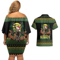 Merry Hunmas Couples Matching Off Shoulder Short Dress and Hawaiian Shirt Hunter Deer Santa Hat - Wonder Print Shop