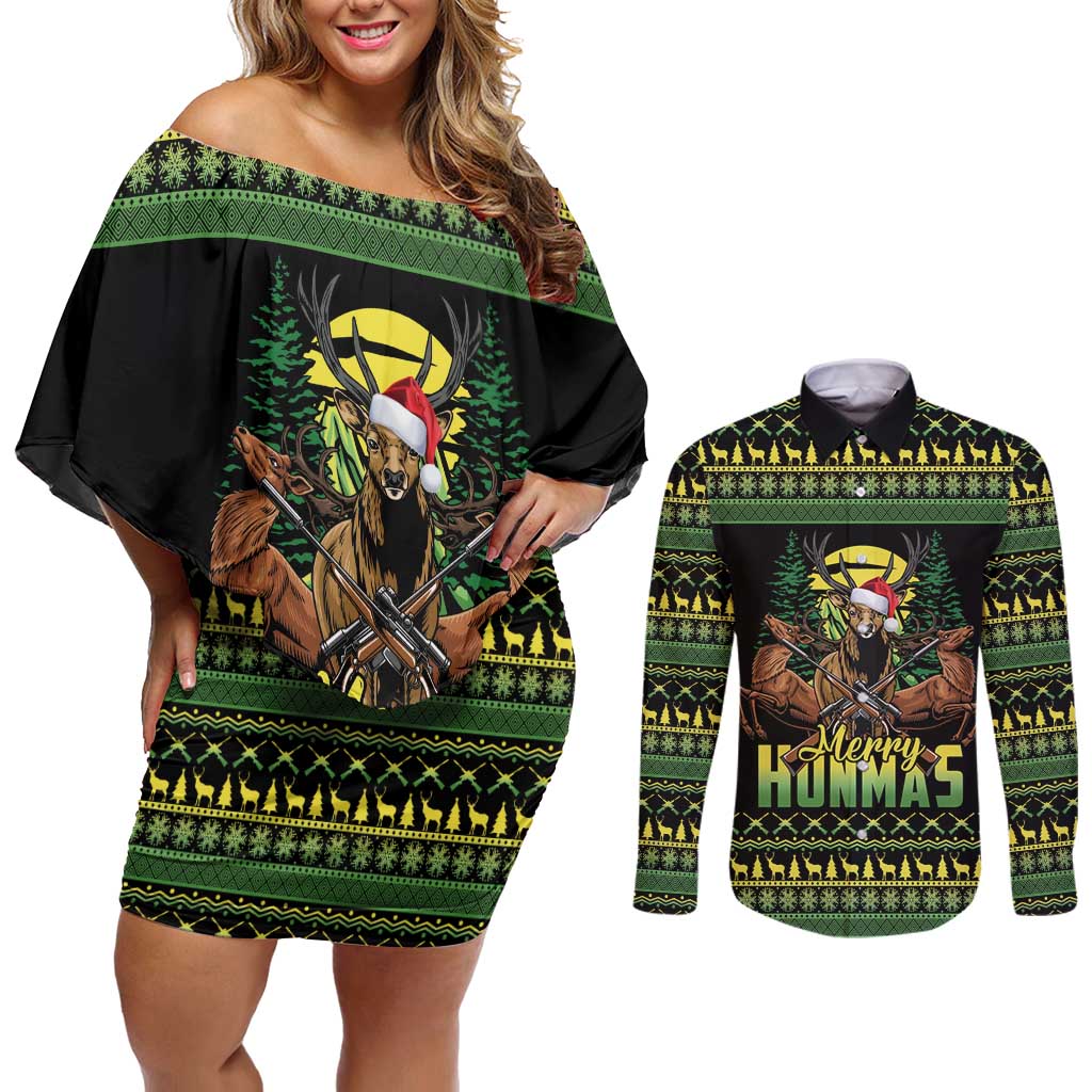 Merry Hunmas Couples Matching Off Shoulder Short Dress and Long Sleeve Button Shirt Hunter Deer Santa Hat - Wonder Print Shop