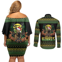 Merry Hunmas Couples Matching Off Shoulder Short Dress and Long Sleeve Button Shirt Hunter Deer Santa Hat - Wonder Print Shop