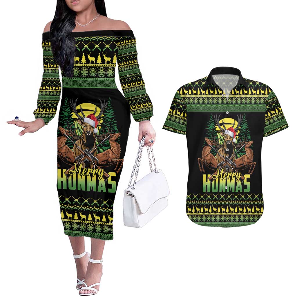 Merry Hunmas Couples Matching Off The Shoulder Long Sleeve Dress and Hawaiian Shirt Hunter Deer Santa Hat - Wonder Print Shop