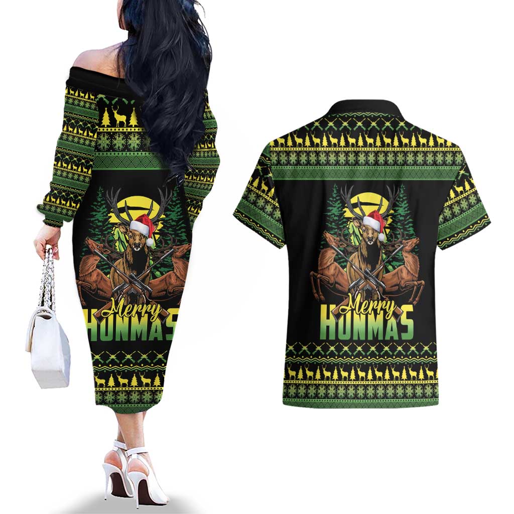 Merry Hunmas Couples Matching Off The Shoulder Long Sleeve Dress and Hawaiian Shirt Hunter Deer Santa Hat - Wonder Print Shop