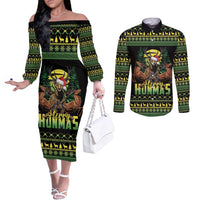 Merry Hunmas Couples Matching Off The Shoulder Long Sleeve Dress and Long Sleeve Button Shirt Hunter Deer Santa Hat - Wonder Print Shop