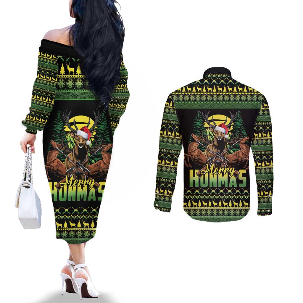 Merry Hunmas Couples Matching Off The Shoulder Long Sleeve Dress and Long Sleeve Button Shirt Hunter Deer Santa Hat - Wonder Print Shop