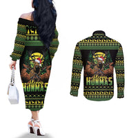 Merry Hunmas Couples Matching Off The Shoulder Long Sleeve Dress and Long Sleeve Button Shirt Hunter Deer Santa Hat - Wonder Print Shop