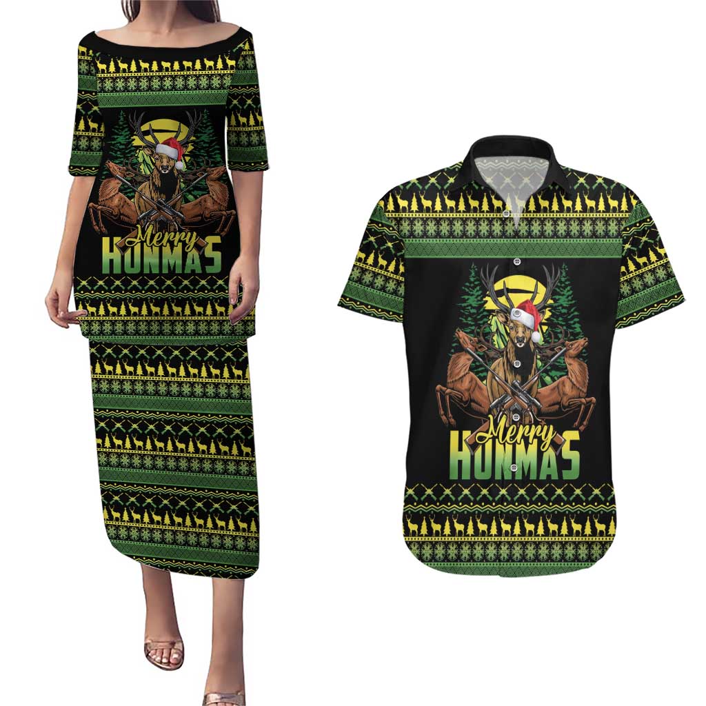 Merry Hunmas Couples Matching Puletasi and Hawaiian Shirt Hunter Deer Santa Hat - Wonder Print Shop