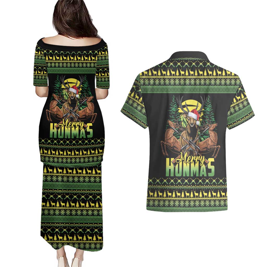 Merry Hunmas Couples Matching Puletasi and Hawaiian Shirt Hunter Deer Santa Hat - Wonder Print Shop